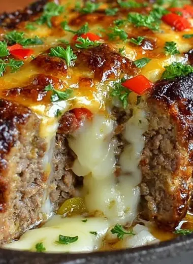 Philly Cheesesteak Meatloaf served with cheesy toppings and fresh ingredients