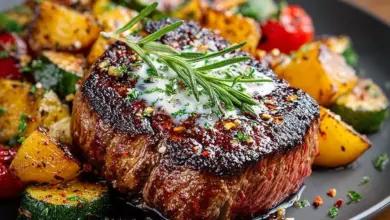 Delicious air fried filet mignon served on a plate with vegetables