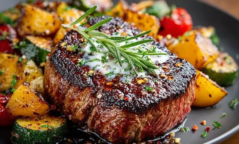 Delicious air fried filet mignon served on a plate with vegetables