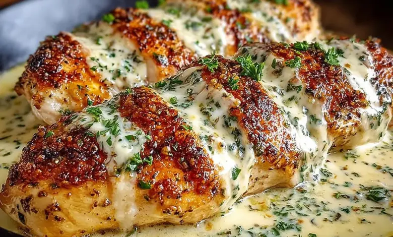 Baked Caesar Chicken topped with creamy Parmesan sauce and garnished with herbs.