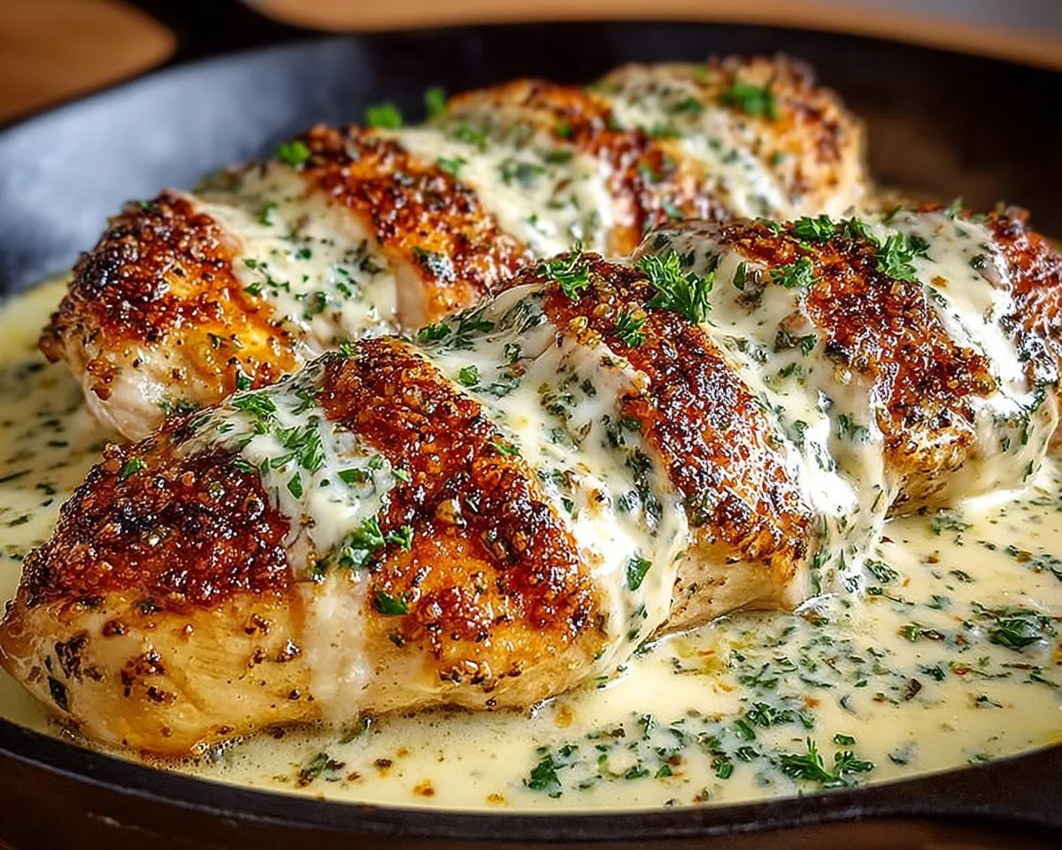 Baked Caesar Chicken topped with creamy Parmesan sauce and garnished with herbs.