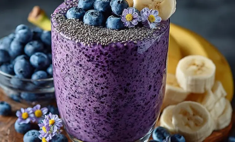 Refreshing Banana-Blueberry Smoothie in a glass with fresh fruit