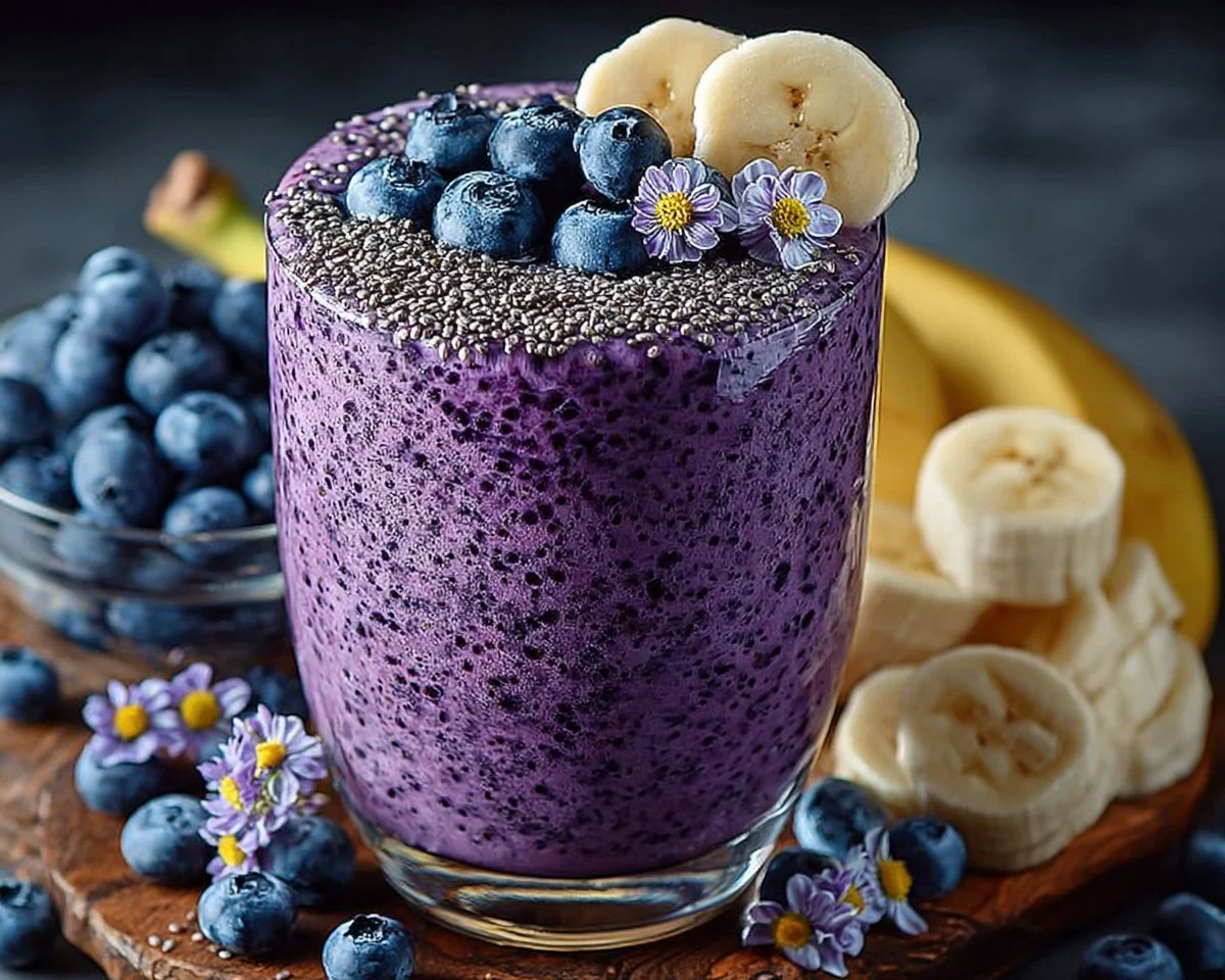 Refreshing Banana-Blueberry Smoothie in a glass with fresh fruit