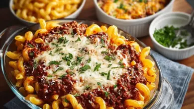 A steaming bowl of Beefaroni with pasta and beef in tomato sauce.
