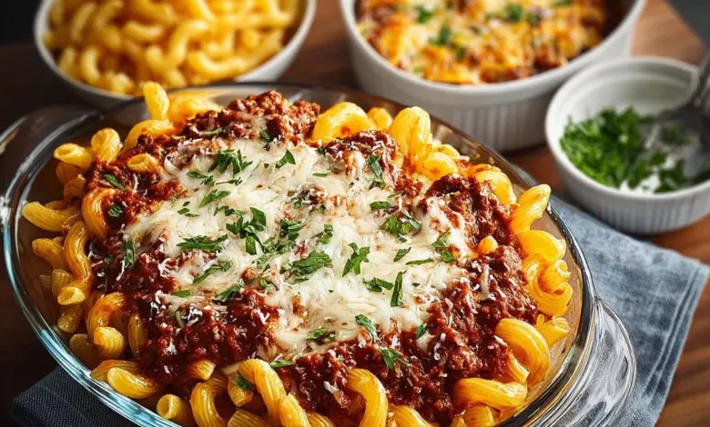 A steaming bowl of Beefaroni with pasta and beef in tomato sauce.