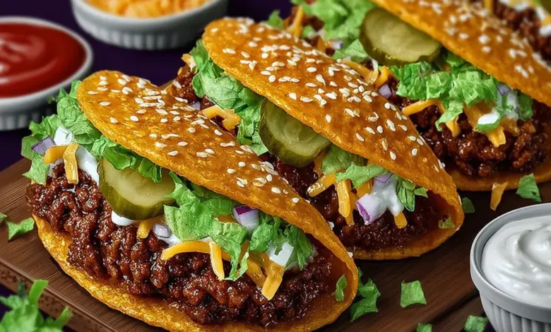 Delicious Big Mac Tacos featuring beef, cheese, and special sauce wrapped in a taco shell.