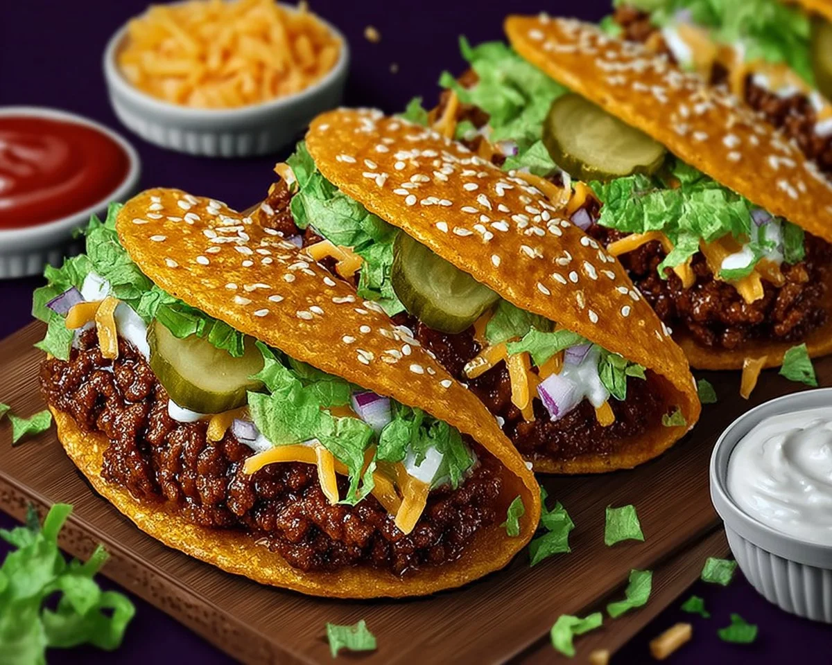 Delicious Big Mac Tacos featuring beef, cheese, and special sauce wrapped in a taco shell.