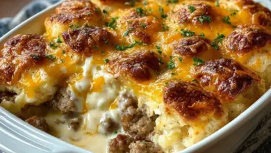 Delicious Biscuits and Gravy Hashbrown Casserole served in a dish