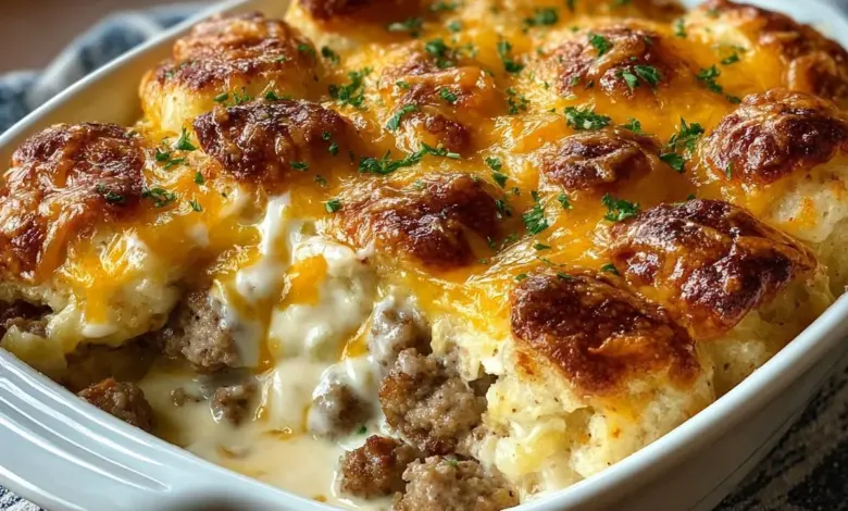Delicious Biscuits and Gravy Hashbrown Casserole served in a dish