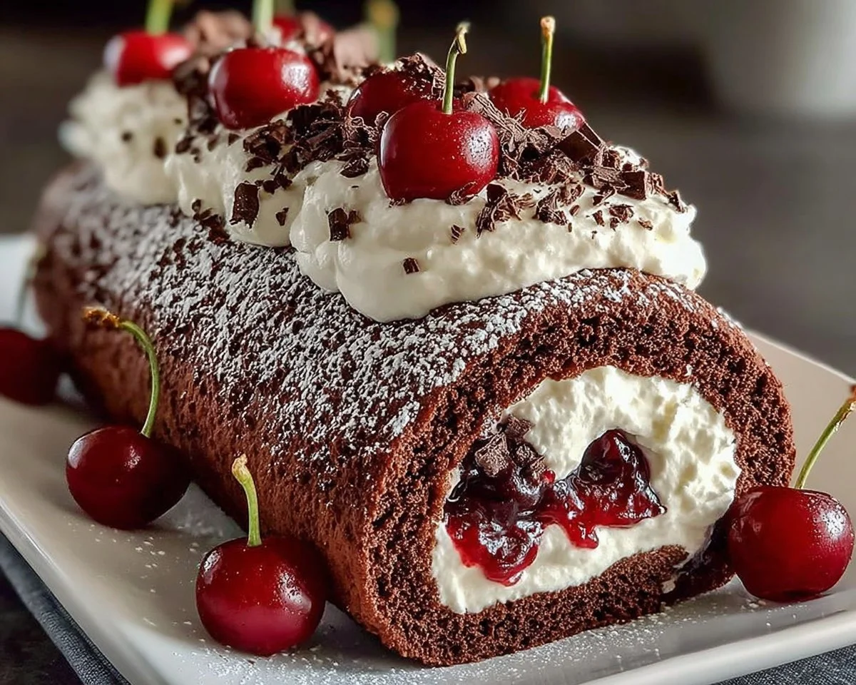 Delicious Black Forest Cream Roll Cake with chocolate, cream, and cherries