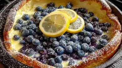 Blueberry Lemon Dutch Baby - a fluffy pancake topped with fresh blueberries and lemon zest