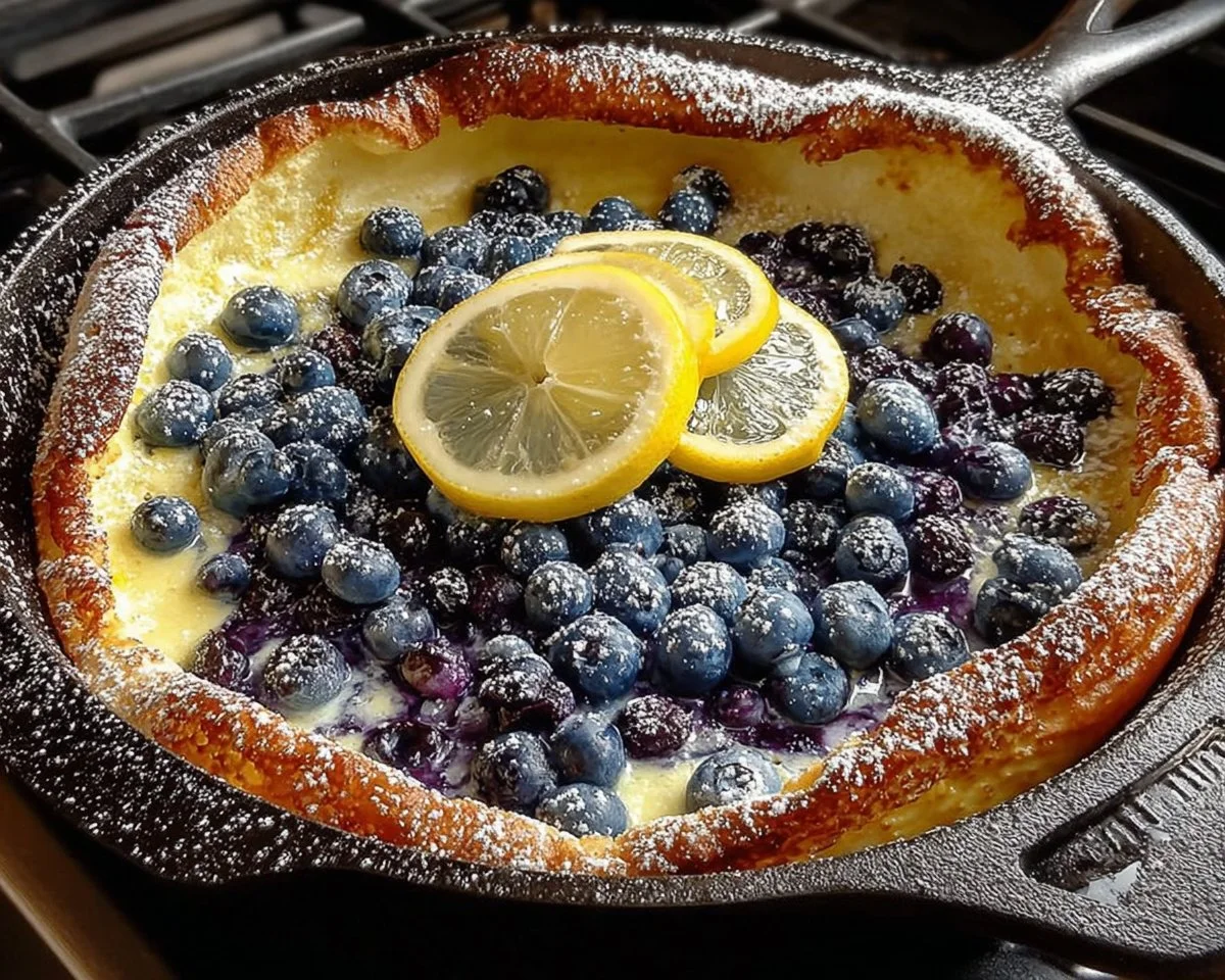 Blueberry Lemon Dutch Baby - a fluffy pancake topped with fresh blueberries and lemon zest
