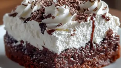 Delicious Brownie Refrigerator Cake layered with creamy frosting and topped with chocolate.