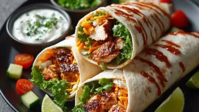 Buffalo Chicken Wraps served on a plate with fresh ingredients and dipping sauce.