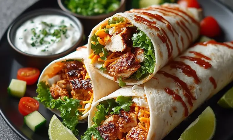 Buffalo Chicken Wraps served on a plate with fresh ingredients and dipping sauce.