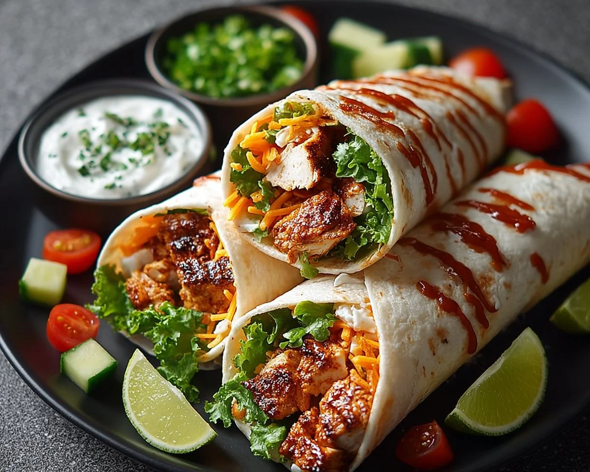 Buffalo Chicken Wraps served on a plate with fresh ingredients and dipping sauce.