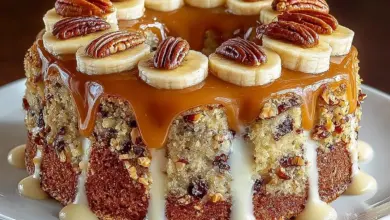 Delicious Caramel Banana Pecan Cake with bananas, pecans, and caramel drizzle