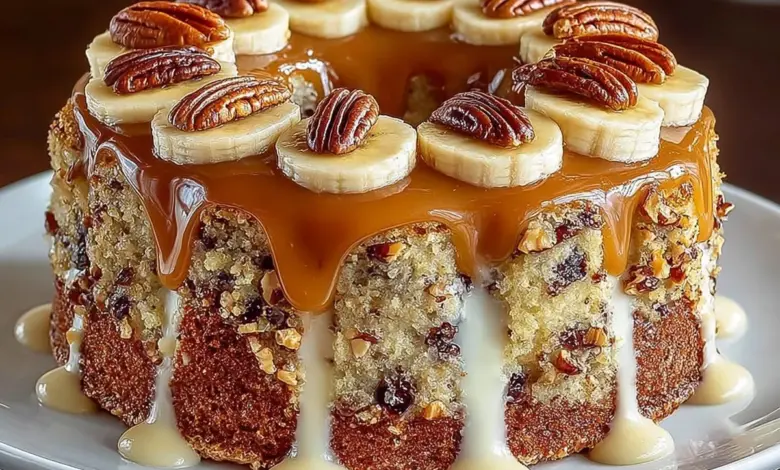 Delicious Caramel Banana Pecan Cake with bananas, pecans, and caramel drizzle
