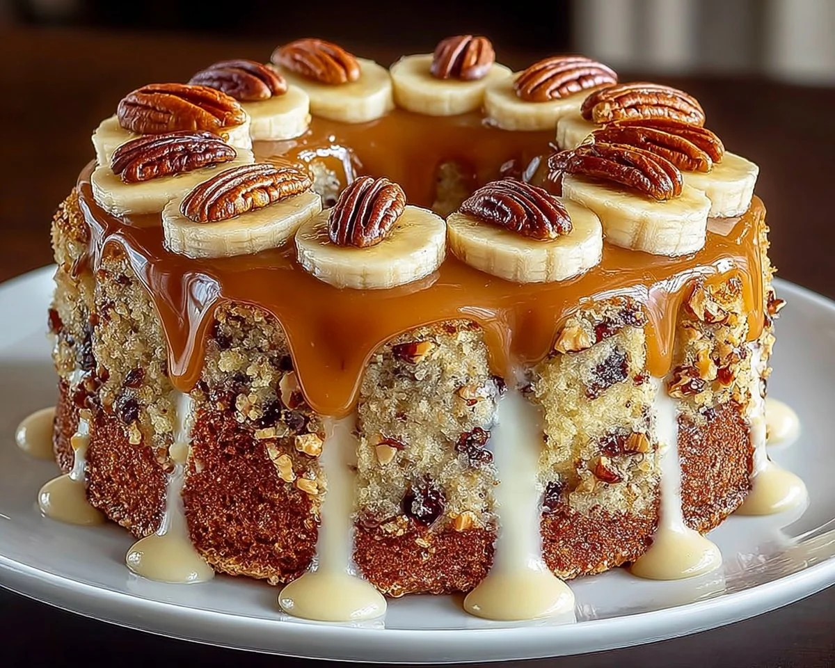 Delicious Caramel Banana Pecan Cake with bananas, pecans, and caramel drizzle