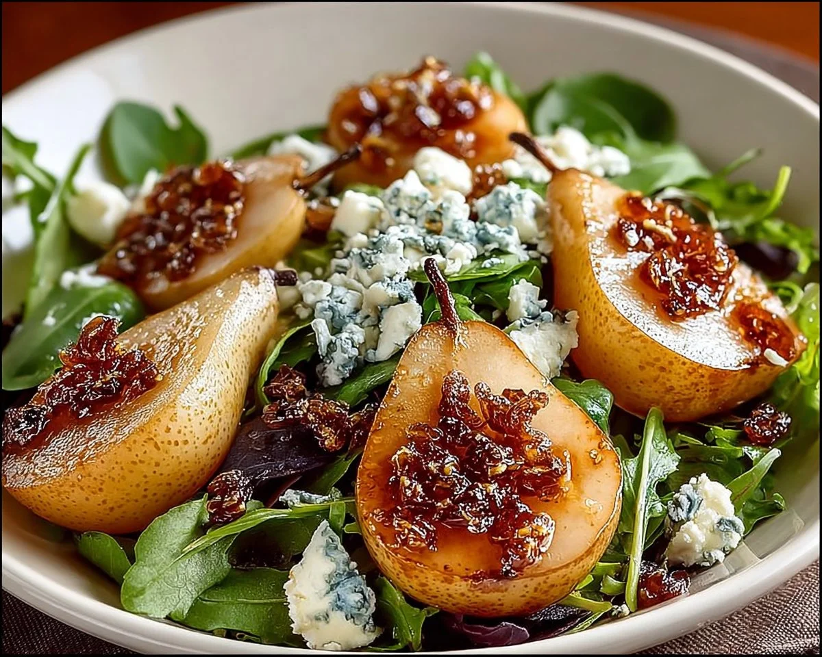 Caramelized Pear & Blue Cheese Salad with greens and dressing