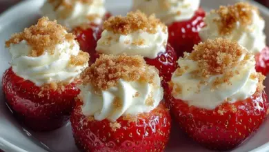 Cheesecake deviled strawberries topped with cream cheese and berries