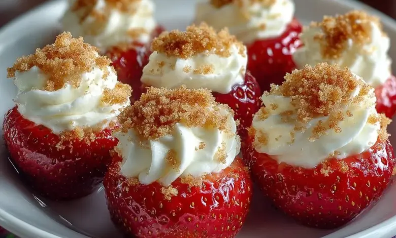 Cheesecake deviled strawberries topped with cream cheese and berries