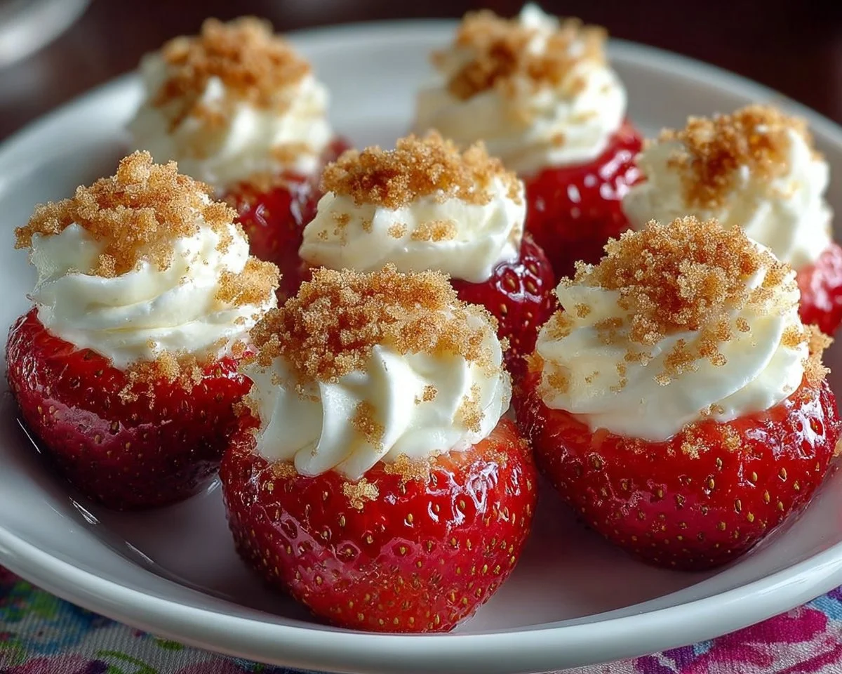 Cheesecake deviled strawberries topped with cream cheese and berries