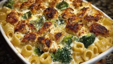 Delicious Chicken and Broccoli Baked Alfredo casserole with creamy sauce.