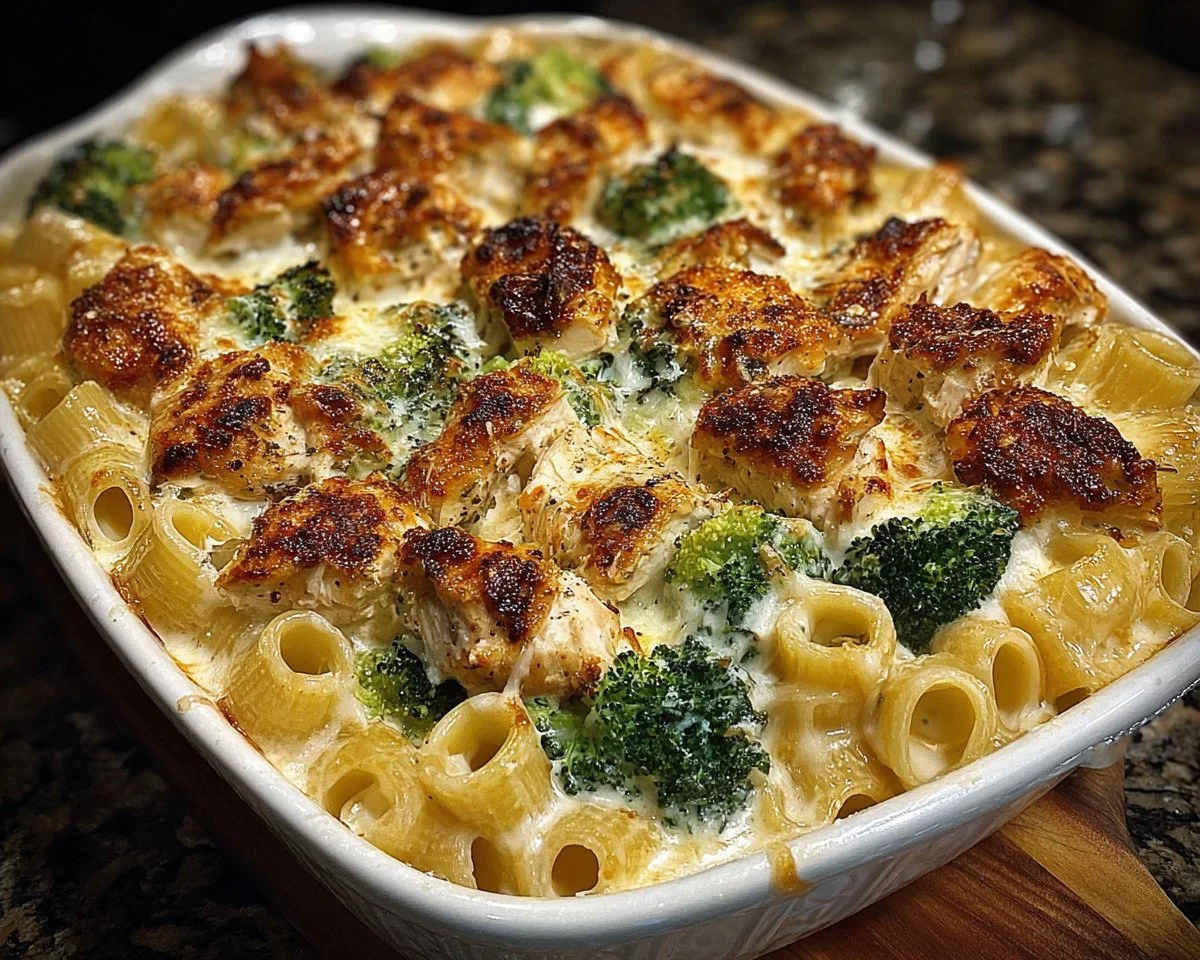 Delicious Chicken and Broccoli Baked Alfredo casserole with creamy sauce.