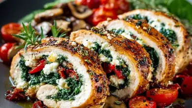 Delicious chicken roulade filled with herbs and spices, ready to serve.
