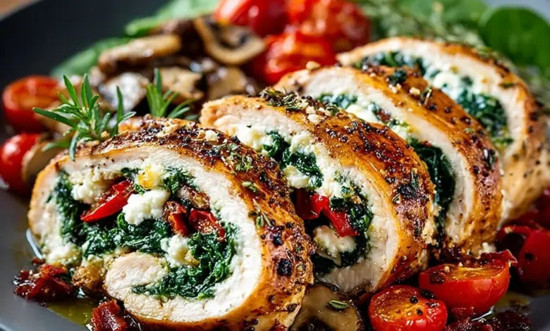 Delicious chicken roulade filled with herbs and spices, ready to serve.