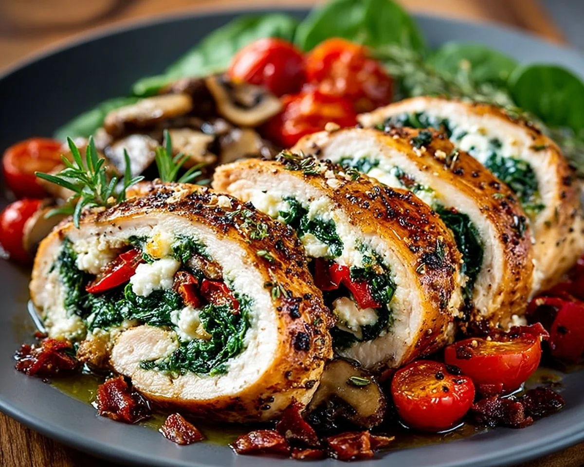 Delicious chicken roulade filled with herbs and spices, ready to serve.