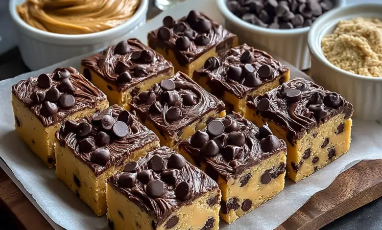 Delicious chocolate chip cookie dough bars served on a plate