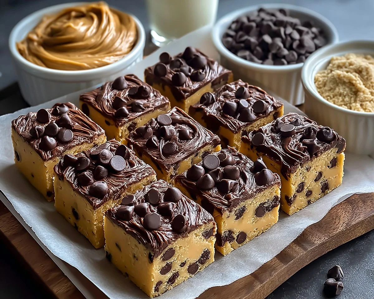 Delicious chocolate chip cookie dough bars served on a plate