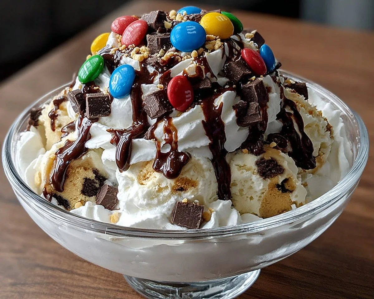 Delicious Chocolate Crunch Cookie Dough Sundae topped with cookie dough and chocolate crunch