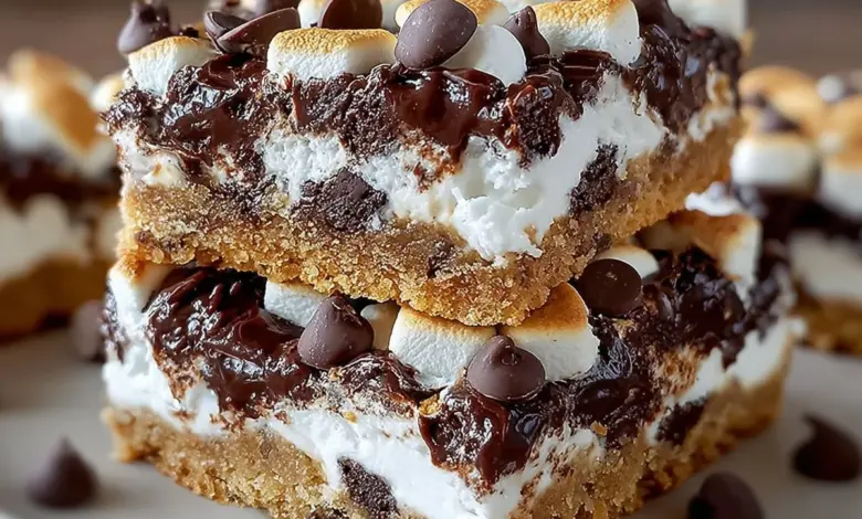Delicious Chocolate Marshmallow Cookie Bars with gooey marshmallow topping