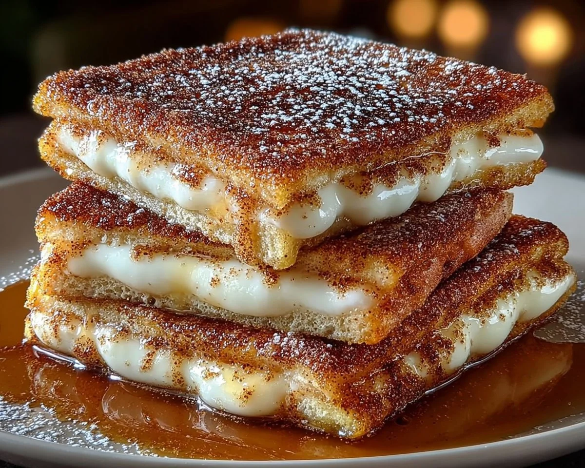 Delicious churro stuffed French toast dusted with cinnamon sugar on a plate