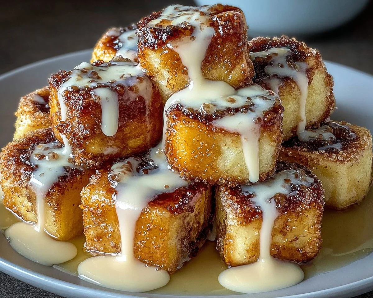 Delicious cinnamon roll french toast bites served on a plate with syrup and icing