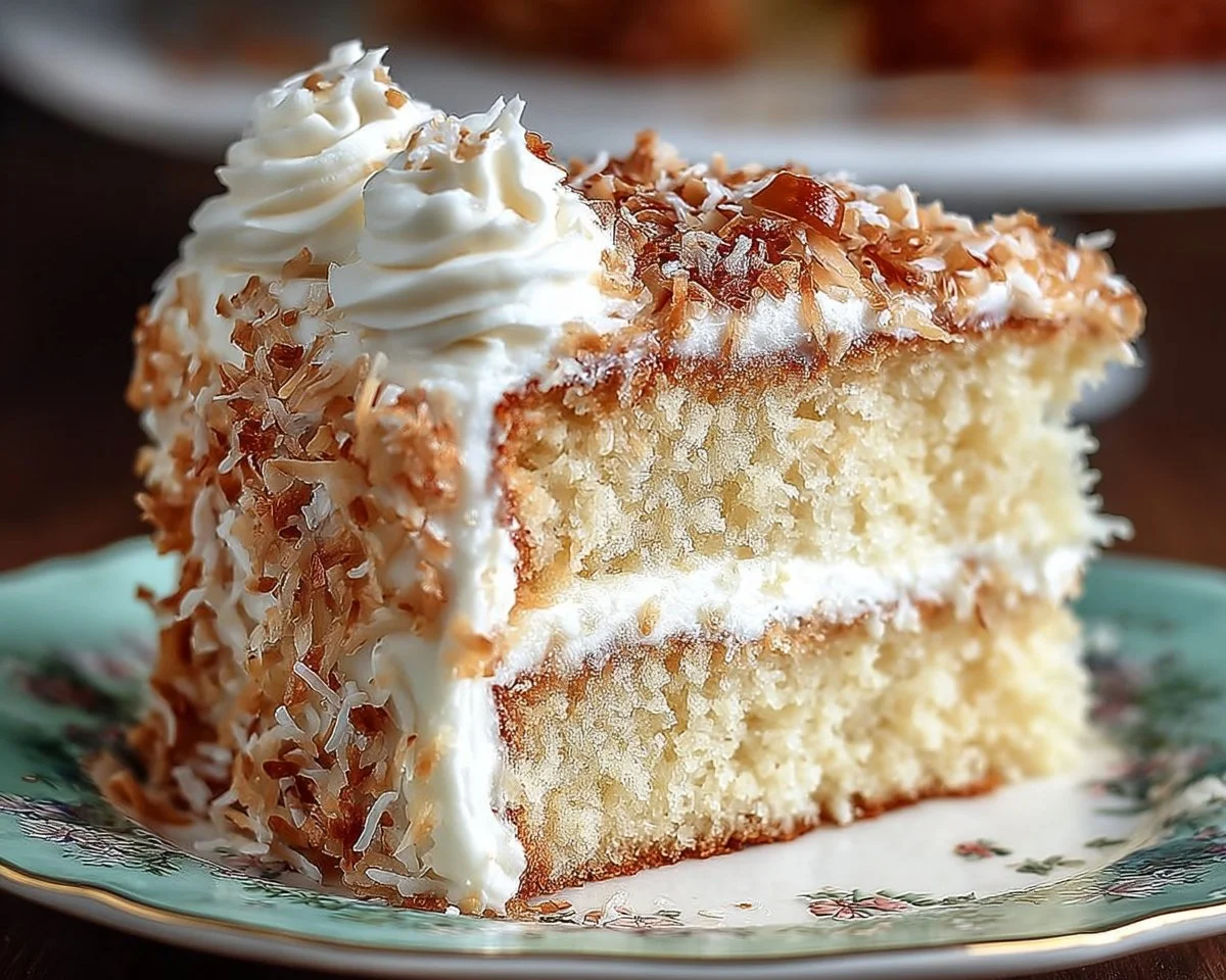 Delicious Coconut Cake with Cream Cheese Coconut Frosting decorated with coconut flakes.