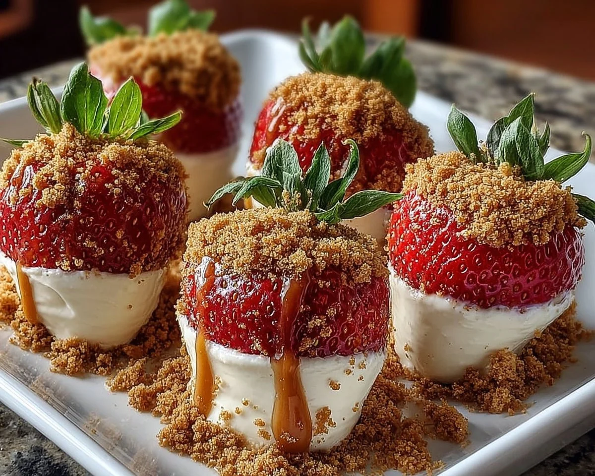 Cookie Butter Cheesecake Stuffed Strawberries on a dessert plate