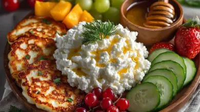 Plate of fluffy cottage cheese pancakes with syrup topping