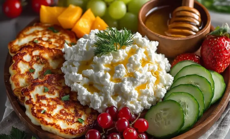 Plate of fluffy cottage cheese pancakes with syrup topping