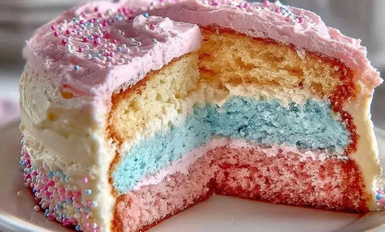 A stunning cotton candy cake topped with fluffy pink and blue cotton candy.
