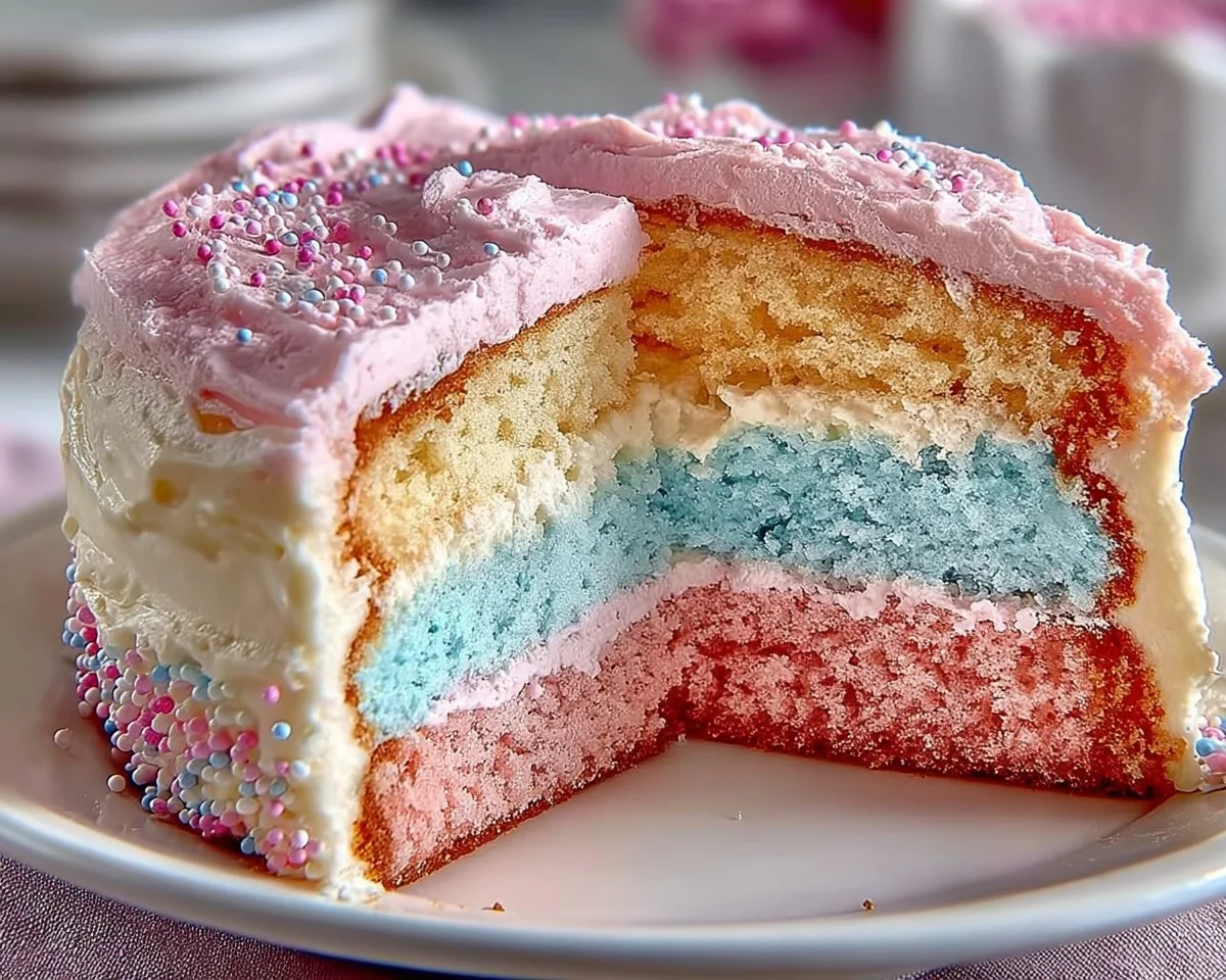 A stunning cotton candy cake topped with fluffy pink and blue cotton candy.