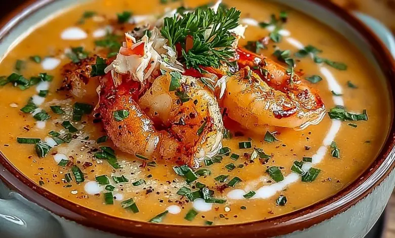 A bowl of delicious crab and shrimp seafood bisque, garnished and ready to serve.