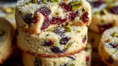 Plate of Cranberry Pistachio Shortbread Cookies adorned with festive decorations