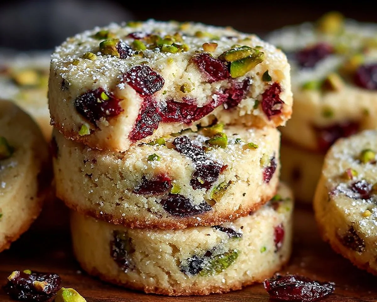 Plate of Cranberry Pistachio Shortbread Cookies adorned with festive decorations
