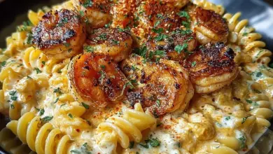 Delicious creamy Cajun shrimp and chicken pasta dish garnished with parsley
