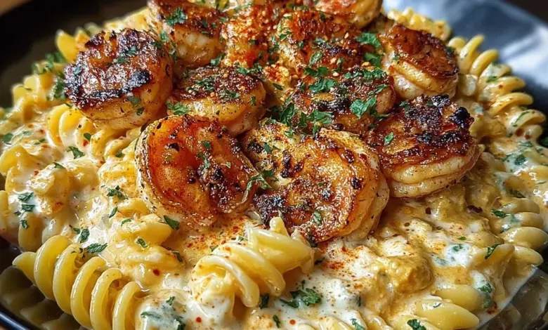 Delicious creamy Cajun shrimp and chicken pasta dish garnished with parsley
