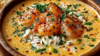 Creamy crab and shrimp seafood bisque in a bowl garnished with herbs
